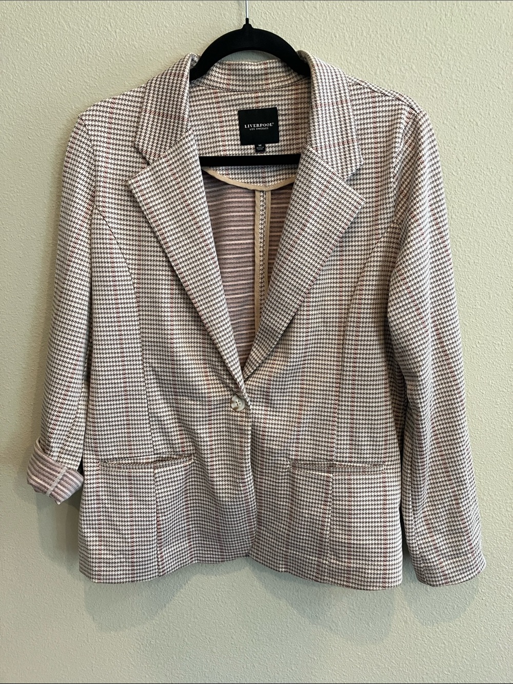 Liverpool Women's Plaid Blazer in Cream and Caramel Houndstooth Pink Accents